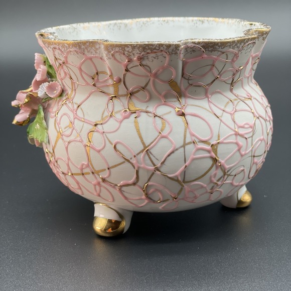 Vintage 3 Legged Lefton China Hand Painted Bowl/Planter Marked 50441 Gold Pink - Picture 5 of 9